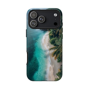 May include: A phone case featuring a vibrant aerial view of a tropical beach. The design showcases turquoise water, white sand, and lush green palm trees. The case has a black border and a camera cutout.