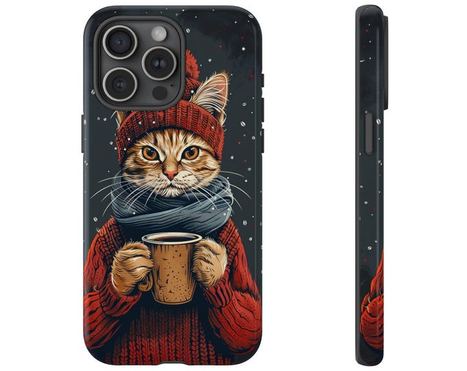 Cozy Winter Cat Sweater Drinking Coffee Phone Case: iPhone, Galaxy, Pixel - Lifetime Warranty