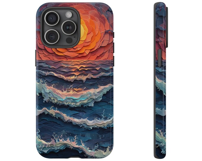 Sunset Ocean Waves Paper Cut Pastel Phone Case: iPhone, Galaxy, Pixel - Lifetime Warranty