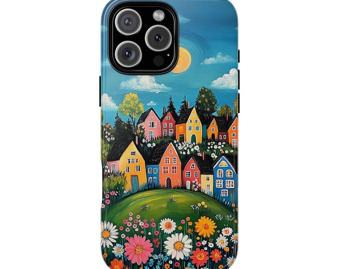 Sunny Whimsical Town Flower Village Cottages Phone Case: iPhone, Galaxy, Pixel - Lifetime Warranty