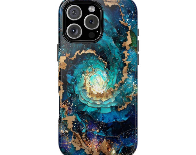 Teal Cobalt Gold Accent Spiral Marble Phone Case: iPhone, Galaxy, Pixel - Lifetime Warranty