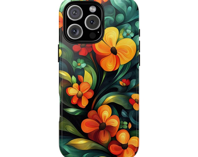 Orange Floral Green Swirl Paint Flower Abstract Phone Case: iPhone, Galaxy, Pixel - Lifetime Warranty