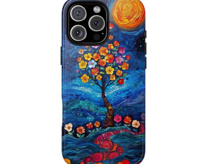 Flower Tree Night Sun Sky Blue Stained Glass Floral Phone Case: iPhone, Samsung Galaxy, Google Pixel