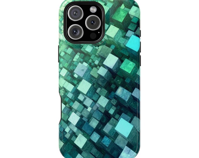 Green Prismatic Aqua Cubes Pattern Phone Case: iPhone, Galaxy, Pixel - Lifetime Warranty