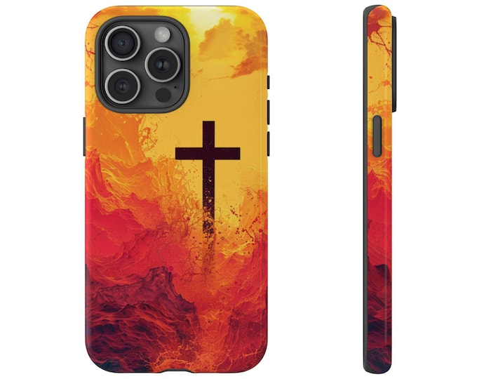 Radiant Faith Phone Case | iPhone, Samsung Galaxy, Pixel | Orange Abstract Liquid Wave Christian Cross of Jesus Christ Design Tough Cover