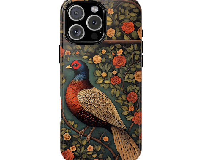 Pheasant Bird Red White Floral Vines Phone Case: iPhone, Galaxy, Pixel - Lifetime Warranty