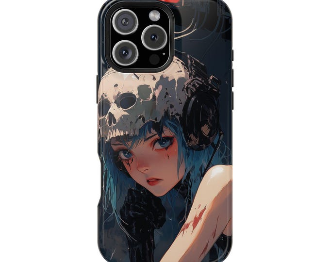 Anime Blue Hair Girl Battle Ready Skull Helmet Phone Case: iPhone, Galaxy, Pixel - Lifetime Warranty