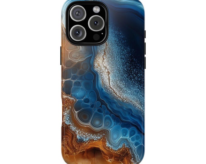 Deep Blue Liquid Swirl Golden Fusion Phone Case: iPhone, Galaxy, Pixel - Lifetime Warranty