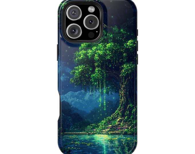 Mystical Lagoon Green Tree Pixel Nature Phone Case: iPhone, Galaxy, Pixel - Lifetime Warranty