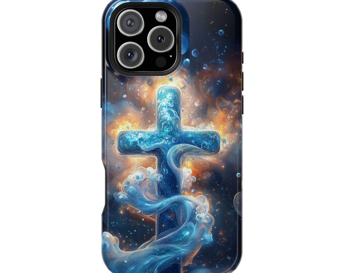 Blue Nebula Swirls Cross Divine Faith Phone Case: iPhone, Galaxy, Pixel - Lifetime Warranty