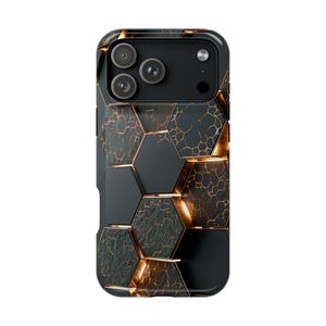 May include: A smartphone case featuring a geometric pattern of black hexagonal tiles. Some tiles have a textured, cracked stone appearance with glowing gold veins, while others are smooth matte black. The design creates a 3D effect with light.