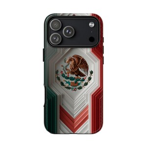 May include: A smartphone case featuring a layered, three-dimensional effect of the Mexican flag. The design displays a central eagle perched on a cactus, flanked by deep green and red vertical panels with white geometric depth and shadows.