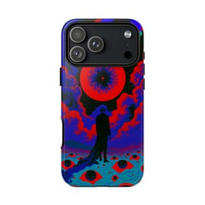 May include: A smartphone case featuring a graphic illustration of a silhouetted figure standing in a landscape filled with red eyes. Above, a large red sun glows against a dark sky with blue and red clouds. The design uses vibrant colors.