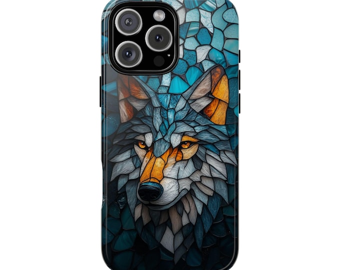 Wolf Stained Glass Blue Mosaic Phone Case: iPhone, Galaxy, Pixel - Lifetime Warranty