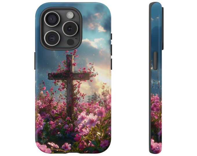 Morning Flower Cross Phone Case, Pink Floral Wildflower Cover, Christian Design | Protector Phone Case for iPhone, Samsung Galaxy, Pixel