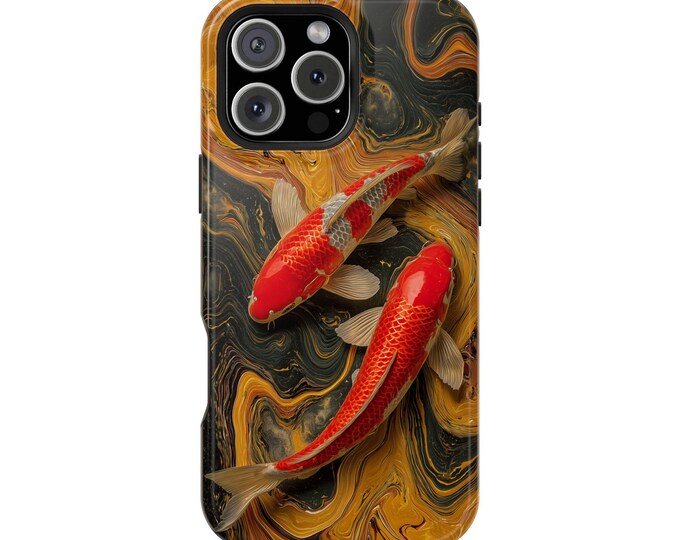 Orange Koi Fish Swimming Liquid Marble Phone Case: iPhone, Galaxy, Pixel - Lifetime Warranty
