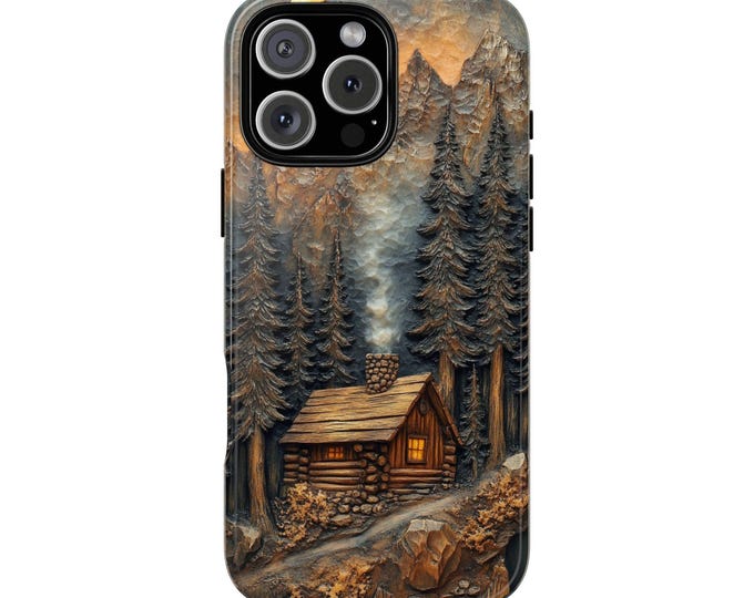 Cabin Mountain Rustic Wood Carving Print Phone Case: iPhone, Galaxy, Pixel - Lifetime Warranty
