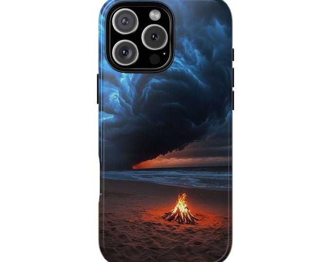 Night Beach Campfire Ocean Sea Storm Clouds Phone Case: iPhone, Galaxy, Pixel - Lifetime Warranty