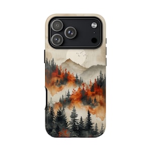 May include: A smartphone case featuring a watercolor-style landscape illustration. The design depicts a mountain range under a pale moon, with a dense forest of black pine trees and vibrant orange-red foliage in the foreground.