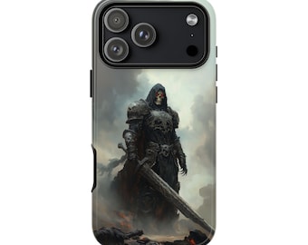 May include: A smartphone case featuring a graphic illustration of a skeletal warrior in dark, ornate armour and a hooded cloak. The figure has glowing red eyes and holds a large sword, standing amidst a smoky, grey, and hazy battlefield landscape.
