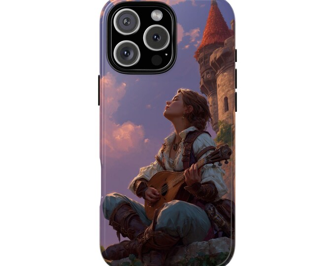 Girl Bard Musician Playing Lute Castle Phone Case: iPhone, Galaxy, Pixel - Lifetime Warranty