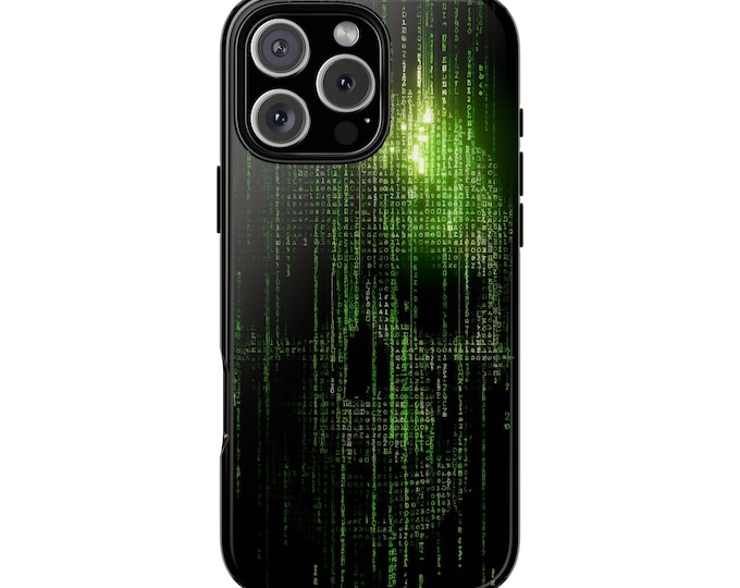 Green Skull Computer Matrix Code Hack Phone Case: iPhone, Galaxy, Pixel - Lifetime Warranty