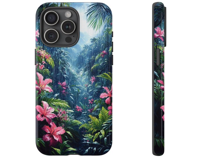 Tropical Rainforest Storm Phone Case | iPhone, Samsung Galaxy, Pixel | Stormy Rain Tropical Flowers Jungle Nature Design | Tough Cover
