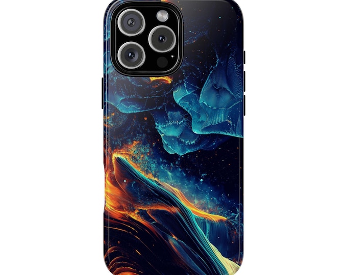 Glitch Deep Blue Orange Abstract Iridescent Phone Case: iPhone, Galaxy, Pixel - Lifetime Warranty