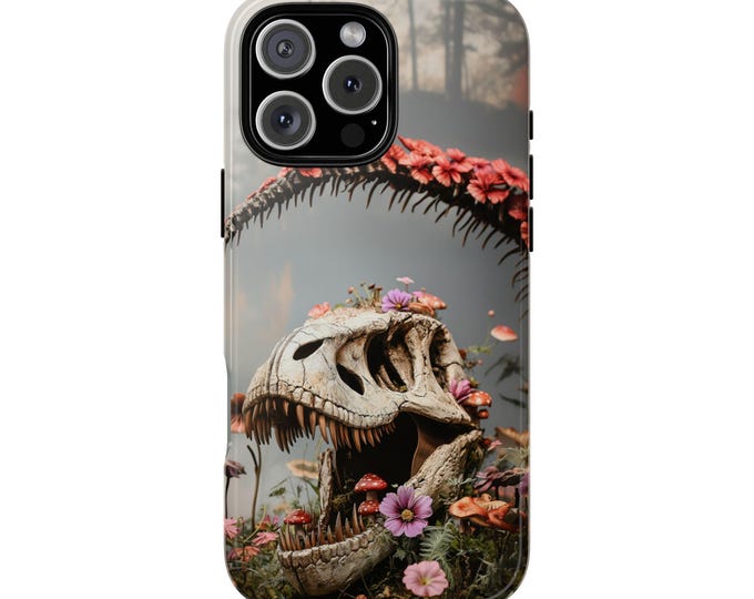 Blossoming Flowers Mushrooms Dinosaur T-Rex Skull Phone Case: iPhone, Samsung Galaxy, Google Pixel