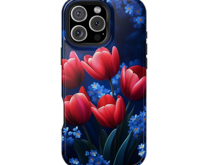 Red Tulip Flowers Blue Floral Phone Case: iPhone, Galaxy, Pixel - Lifetime Warranty
