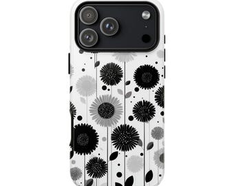 Levenslange garantie | Telefoonhoesje geometrische bloemen wit zwart kunst: iPhone 17 16 15 14 Pro Max, Galaxy S26 | MagSafe | Schokbestendig