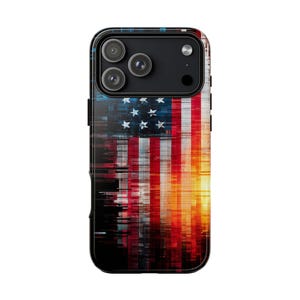 May include: A smartphone case featuring a digital glitch-style graphic of the American flag. The design displays vertical red and white stripes and a blue field with white stars, all rendered with a distorted, pixelated, and fragmented aesthetic.
