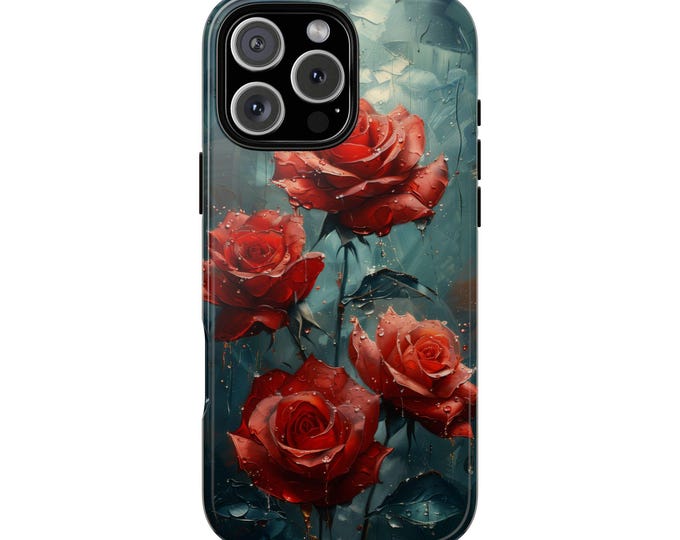 Scarlet Red Roses Thick Paint Teal Rain Phone Case: iPhone, Galaxy, Pixel - Lifetime Warranty