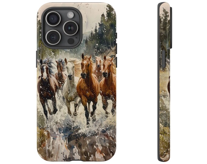 American Wild Horses Running River Phone Case: iPhone, Galaxy, Pixel - Lifetime Warranty