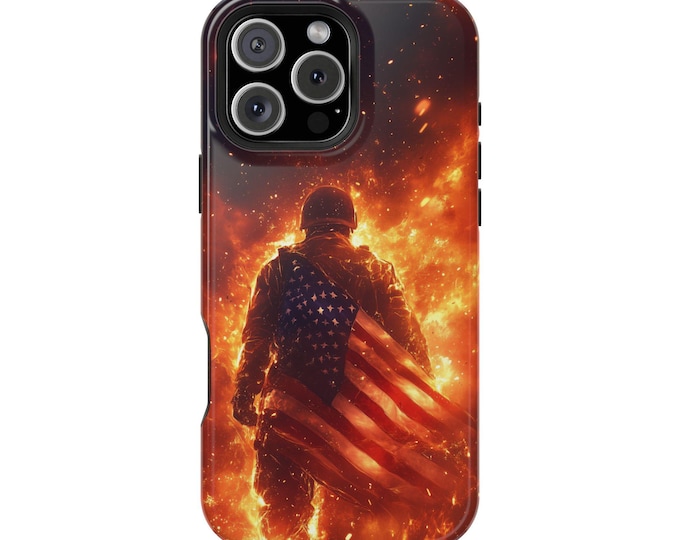 American Soldier Fiery USA Flag Patriot Phone Case: iPhone, Galaxy, Pixel - Lifetime Warranty