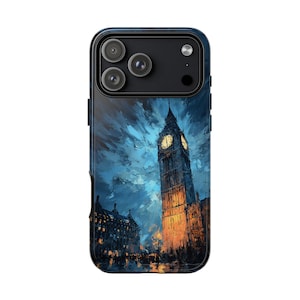 May include: A phone case featuring an artistic rendering of the Elizabeth Tower, also known as Big Ben, in London. The artwork depicts the tower illuminated at night with a dark blue sky and warm lighting.