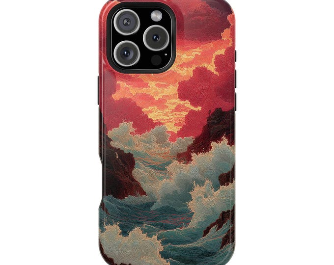 Raging Ocean Waves Red Sunset Phone Case: iPhone, Galaxy, Pixel - Lifetime Warranty