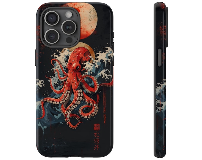 Orange Octopus Cephalopod Waves Red Sun Phone Case: iPhone, Galaxy, Pixel - Lifetime Warranty