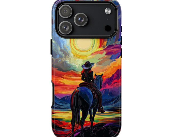 Cowgirl Journey Sunset Colorful Sky Design Phone Case: iPhone, Galaxy, Pixel - Lifetime Warranty