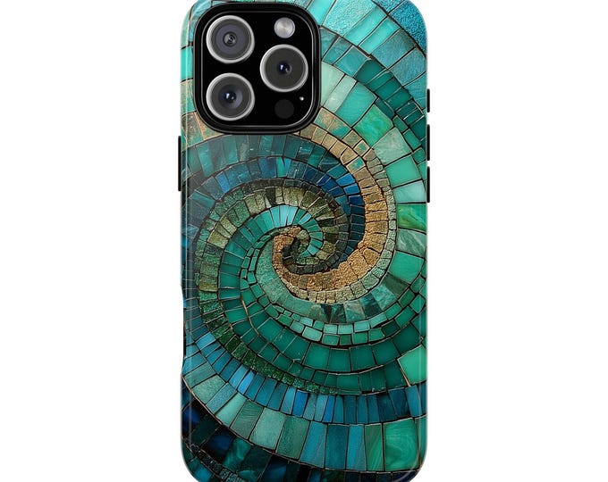 Spiral Emerald Mosaic Stained Glass Teal Phone Case: iPhone, Galaxy, Pixel - Lifetime Warranty