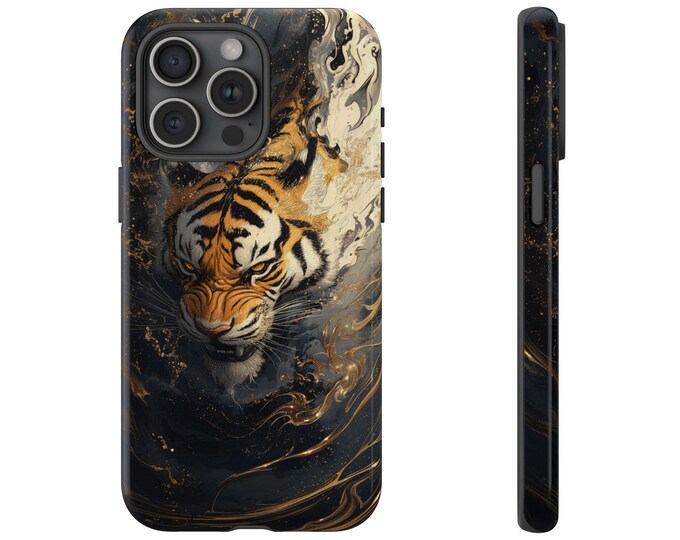 Gold Tiger Phone Case | iPhone, Samsung Galaxy, Pixel | Traditional Chinese Golden Tigers Liquid Abstract River Art Design | Tough Cover