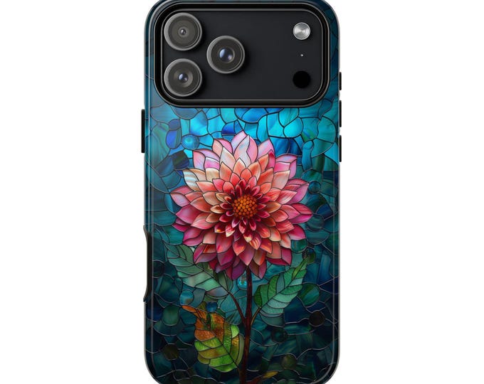 Pink Dahlia Floral Stained Glass Flower Phone Case for iPhone, Galaxy, Pixel – Lifetime Warranty