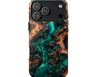 Emerald Teal Resin Walnut Phone Case: iPhone, Galaxy, Pixel - Personalized, MagSafe, Lifetime Warranty