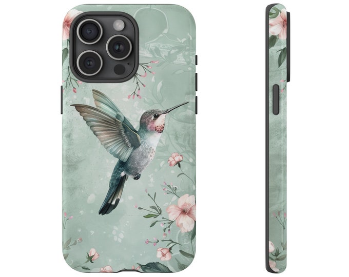 Phone Case for Galaxy, iPhone, Pixel | Green Hummingbird Floral Hibiscus Watercolor Teal Bird Pink Flowers | Tough Cover Protector