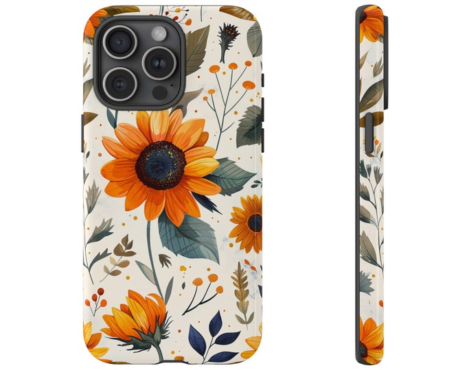 Sunflower Pattern on White Floral Phone Case: iPhone, Galaxy, Pixel - Lifetime Warranty