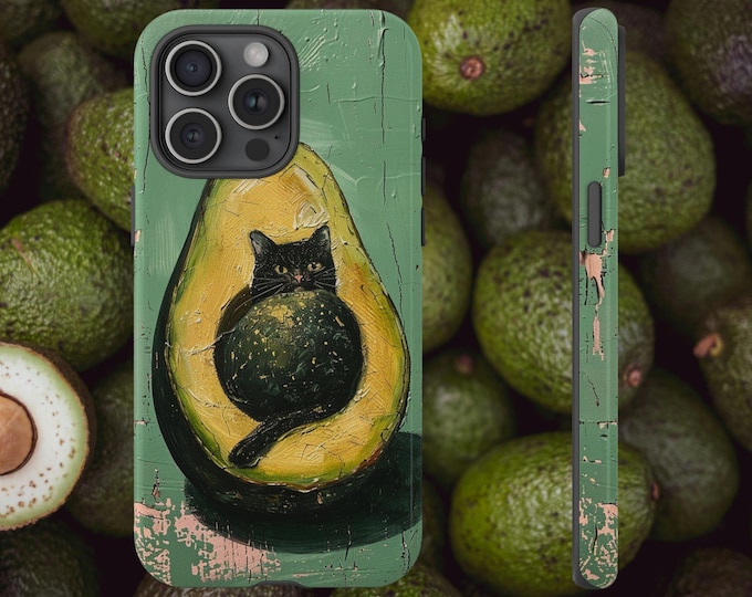 Avocado Cat Seed Pit Painting Cover Phone Case: iPhone, Galaxy, Pixel - Lifetime Warranty