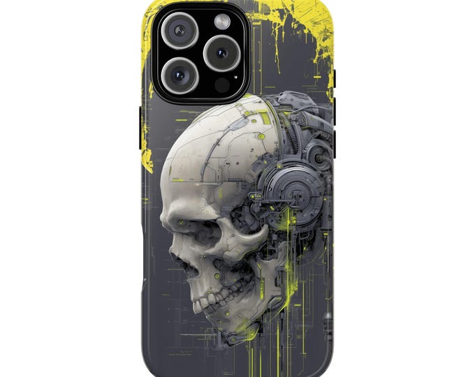 Gray Skull Biomechanical Cyborg Phone Case: iPhone, Galaxy, Pixel - Lifetime Warranty