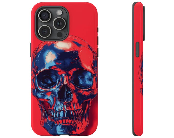 Metal Skull Phone Cover, Abstract Chrome Red Design Phone Case: iPhone, Galaxy, Pixel - Lifetime Warranty
