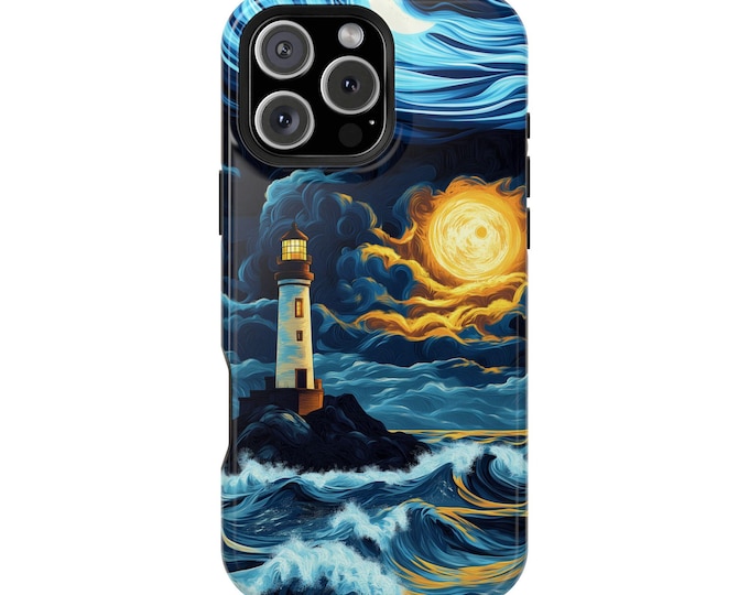 Lighthouse Amid Stormy Waves Moonlit Skies Phone Case: iPhone, Galaxy, Pixel - Lifetime Warranty
