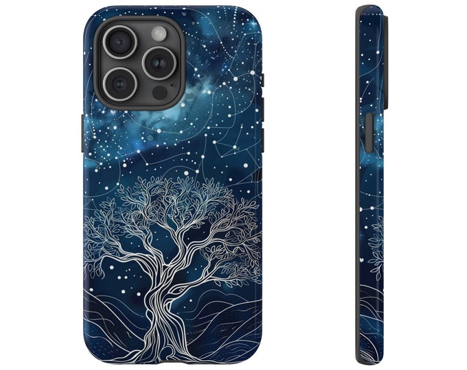 Phone Case for Galaxy, iPhone, Pixel | Cosmic Tree Constellations Gold Tree of Life on Dark Blue with Starry Sky | Tough Phone Cover